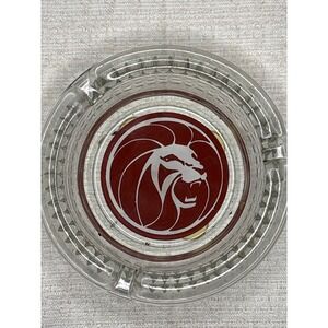 Vintage MGM Hotel Glass Ashtray Lion Logo Red White Diamond‎ Cut MCM Decor